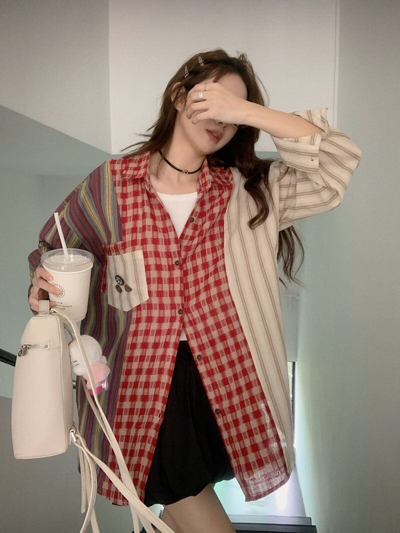 新商品 切り替え 個性的なデザイン チェック柄 ストライプ柄 シャツ E-9155