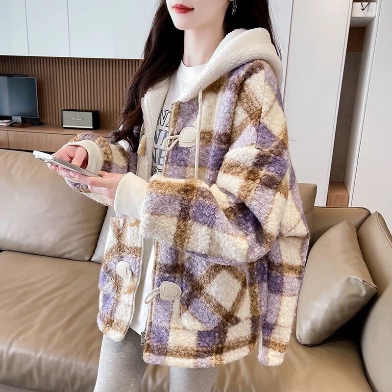 絶対流行 カジュアル 柔らかくて優しい印象 チェック柄 2色選択 ラムフリース コート ボアジャケットE-9854