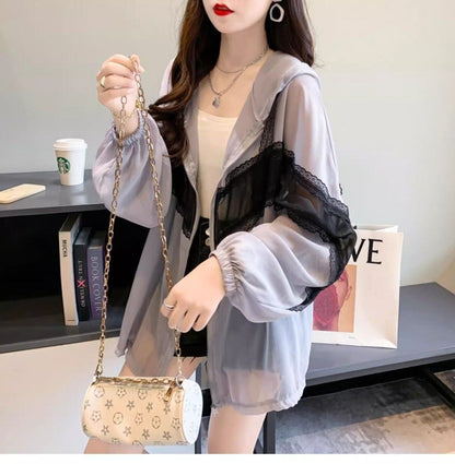 超人気 レース おしゃれ度高め 切り替え 日焼け対策 全2色 パーカー コートE-9143