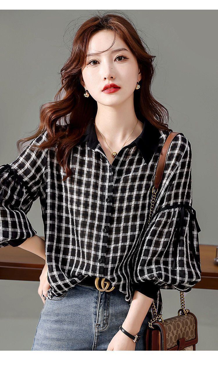 都市ファッショ デザイン オシャレ エレガント チェック柄 切り替え シャツ E-9306