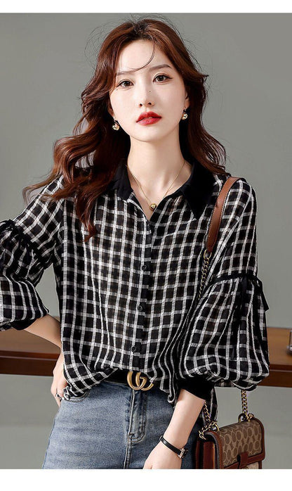 都市ファッショ デザイン オシャレ エレガント チェック柄 切り替え シャツ E-9306