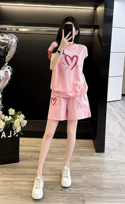 超人気 ホットダイヤモンド カジュアル プリント 半袖Tシャツ ショートパンツ セットアップ E-9215