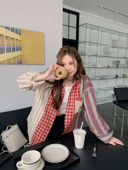 新商品 切り替え 個性的なデザイン チェック柄 ストライプ柄 シャツ E-9155