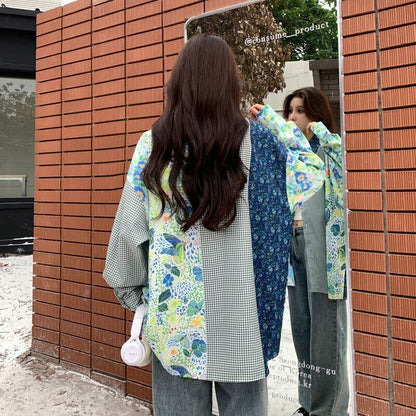 スタイルアップ効果抜群 切り替え カジュアル チェック柄 全2色 シャツ E-9177