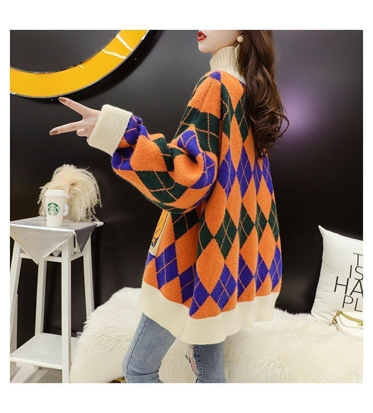 超人気配色チェック柄グラフィックロゴニットセーターハイネック3色ありE-4328
