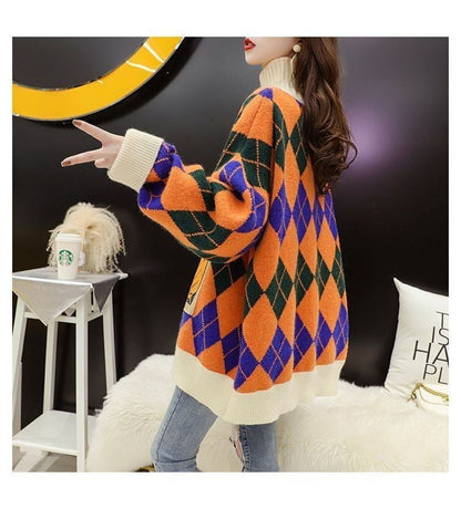 超人気配色チェック柄グラフィックロゴニットセーターハイネック3色ありE-4328