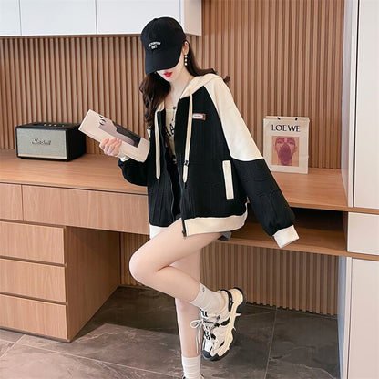 今季マストバイ トレンドアイテム 存在感抜群 アバンギャルド 切り替え 2色選択 パーカー トレーナー レディース フード付き カーディガン E-9551