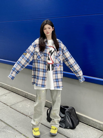 存在感抜群 カジュアル トレンドアイテム チェック柄 刺繍 全2色 シャツ E-9163