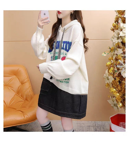 着?せアルファベットロゴ切り替えデニムゆったりロングニットパーカー全2色E-4392