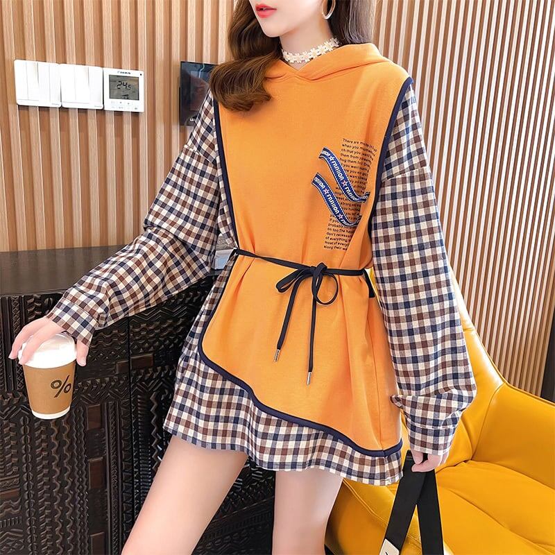 レイヤード風  チェック柄 ロングパーカ全3色トップスE-4803