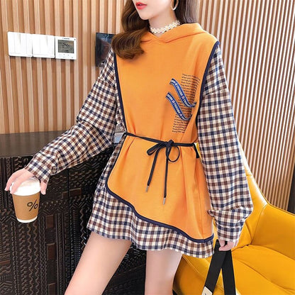 レイヤード風  チェック柄 ロングパーカ全3色トップスE-4803