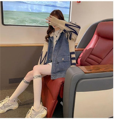 新作デニム切り替えニットフード付きパーカートップス全3色E-4321