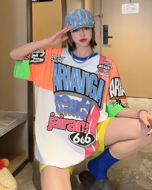 スタイルアップ効果抜群 レース アバンギャルド ダブルプリント全2色 半袖TシャツE-8980