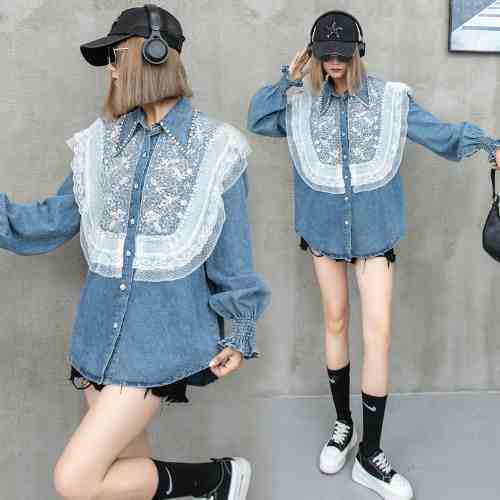 大好評 上質 話題沸騰中 おしゃれ度高め レース 切り替え デニム シャツ E-9409