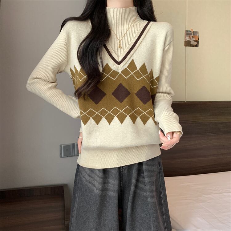 人気上昇中 レイヤード風 おしゃれ度高め 全2色 ニットトップスE-9583