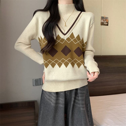 人気上昇中 レイヤード風 おしゃれ度高め 全2色 ニットトップスE-9583