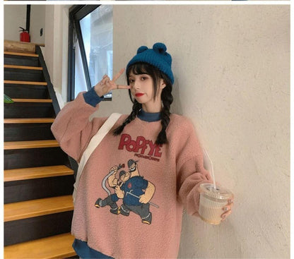 韓国系ふわふわグラフィックロゴボアスウェットトップス全2色E-4208