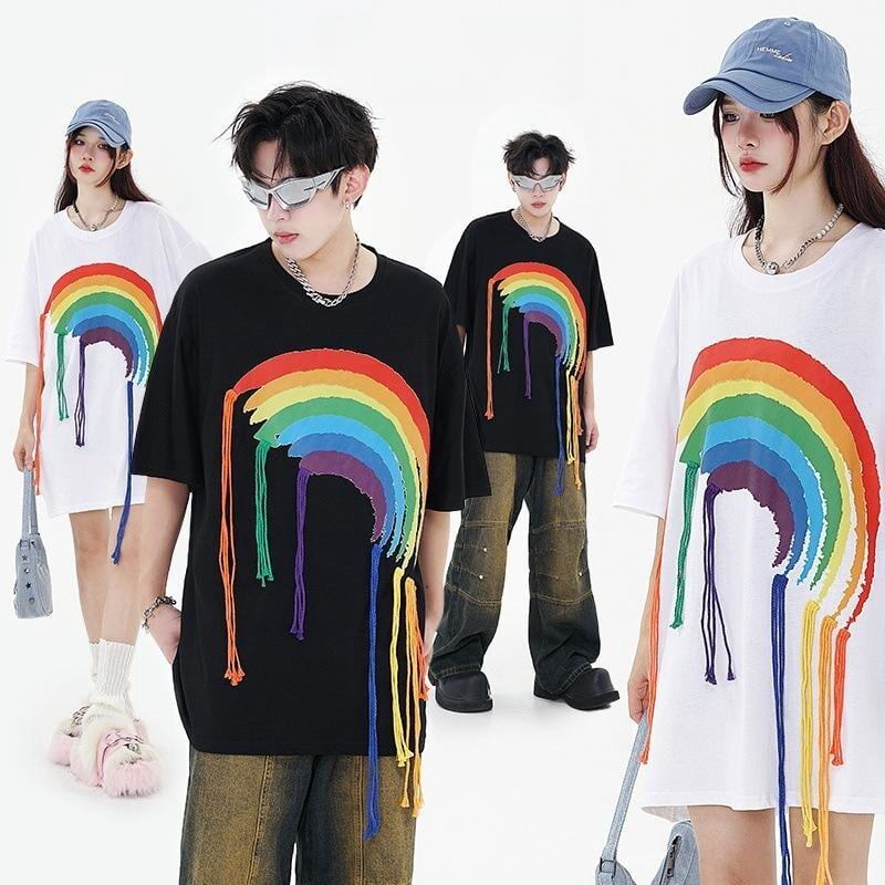 好感度UP 虹ロゴ タッセル ゆったり Tシャツ 全2色 ユニセックス半袖E-4863
