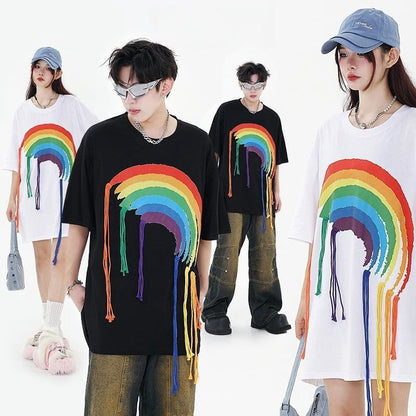 好感度UP 虹ロゴ タッセル ゆったり Tシャツ 全2色 ユニセックス半袖E-4863