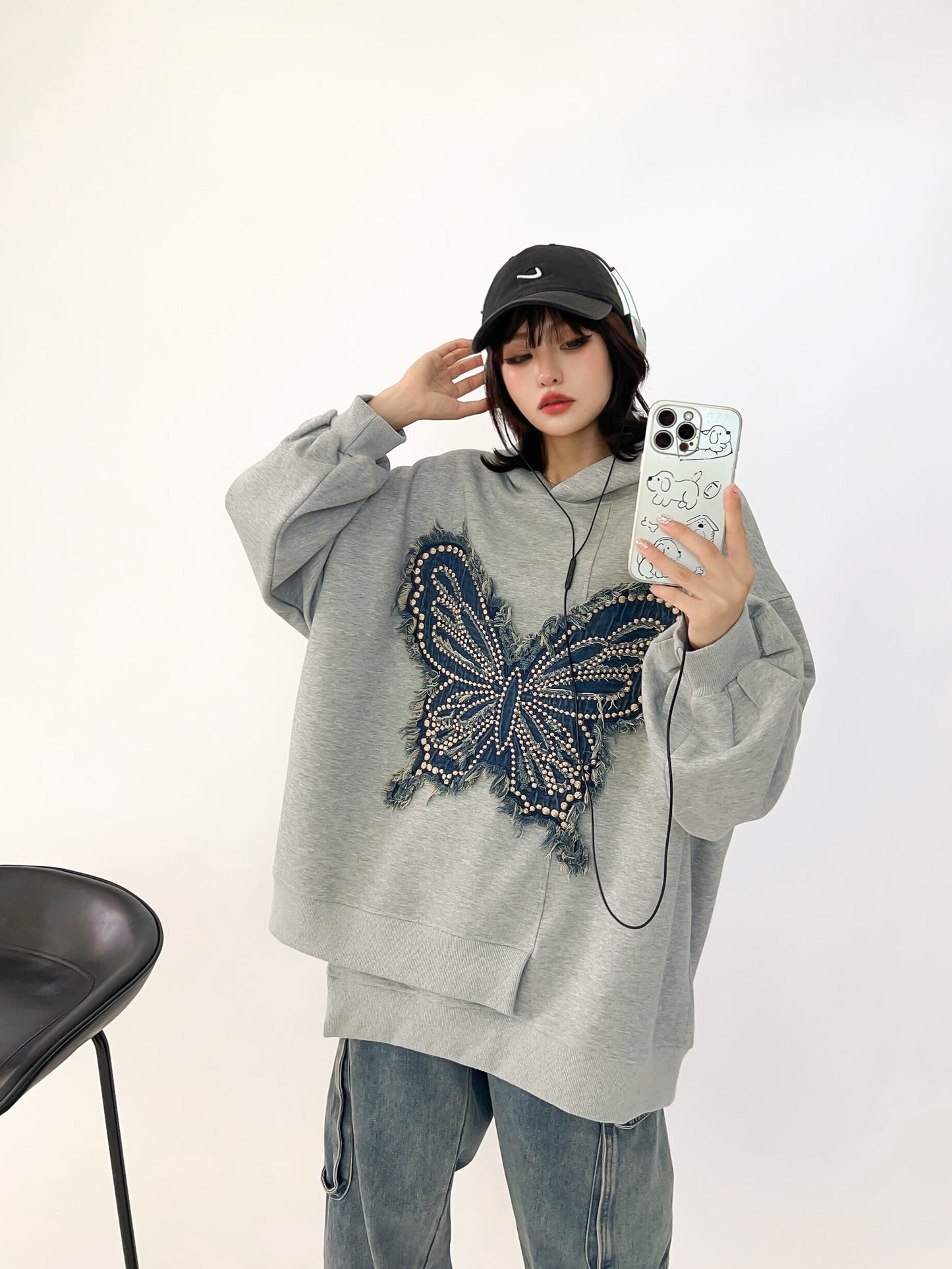 都市ファッショ デザイン オシャレ おしゃれ度高め 刺繍 ホットダイヤモンド カジュアル 3色選択 パーカーE-9290