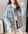 絶対流行 ファッション 活躍する優秀アイテム チェック柄 切り替え デニム Tシャツ E-9264