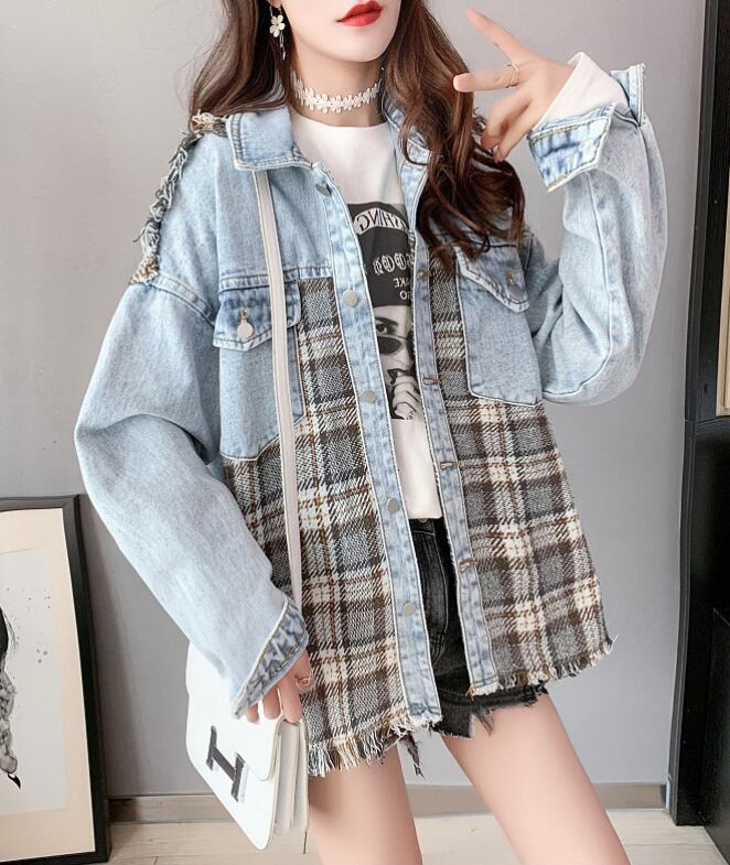 絶対流行 ファッション 活躍する優秀アイテム チェック柄 切り替え デニム Tシャツ E-9264