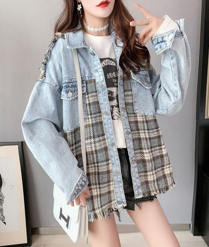 絶対流行 ファッション 活躍する優秀アイテム チェック柄 切り替え デニム Tシャツ E-9264