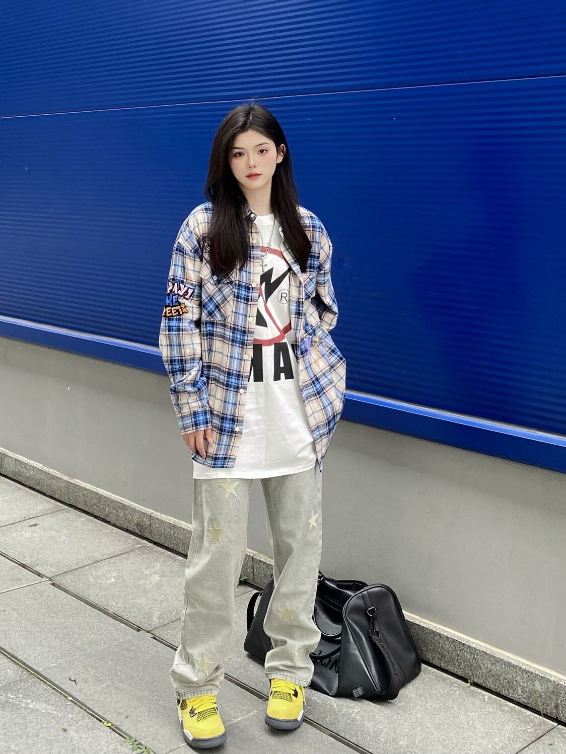 存在感抜群 カジュアル トレンドアイテム チェック柄 刺繍 全2色 シャツ E-9163