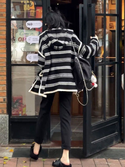 売り切れ必至 ストライプ柄 韓国風ファッション ニットカーディガンE-9376