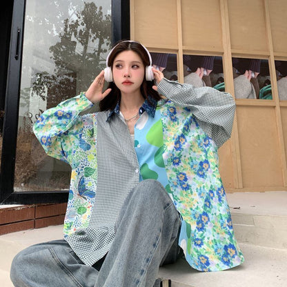 スタイルアップ効果抜群 切り替え カジュアル チェック柄 全2色 シャツ E-9177