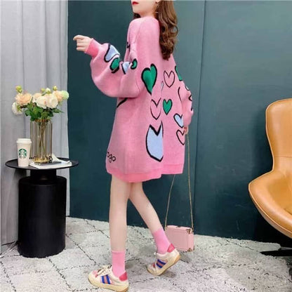 ラウンドネック 女性力を高める プリント ニットE-12380