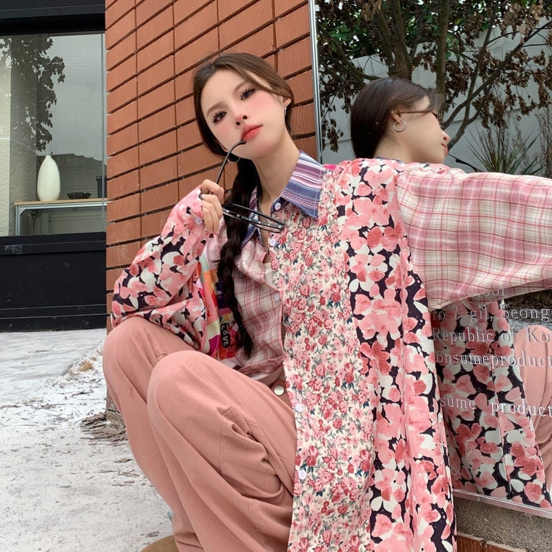 スタイルアップ効果抜群 切り替え カジュアル チェック柄 全2色 シャツ E-9177