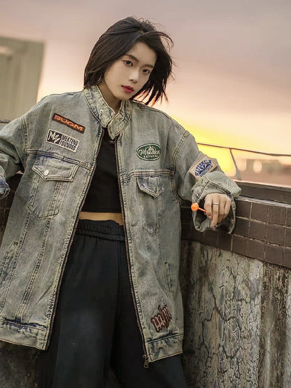 絶対流行 スタンドネック 高見えデザイン 男女兼用 デニム ジャケット ゆったり コートE-9312