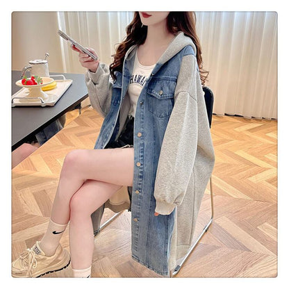 都市ファッショ デザイン オシャレ デザイン性抜群 デニム 切り替え ゆったりコートE-9804