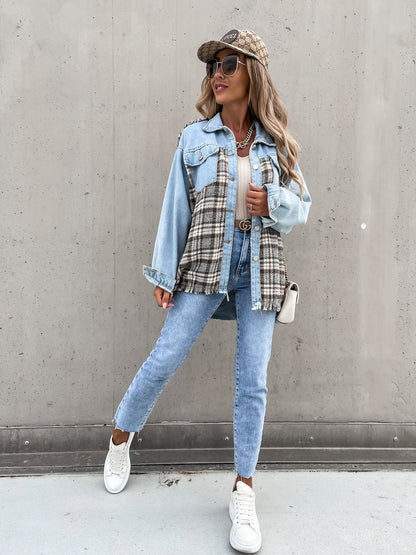 絶対流行 ファッション 活躍する優秀アイテム チェック柄 切り替え デニム Tシャツ E-9264