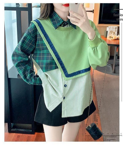 デザイン性抜群 切り替えスウェット レイヤード風 グリーントップスE-4120