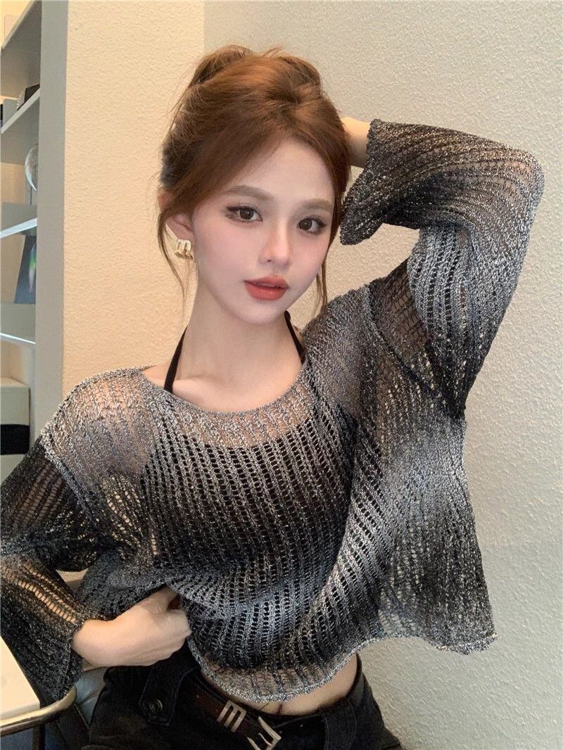 韓国風ファッション 透かし彫り 柔らかくて優しい印象 ニットトップスE-9153