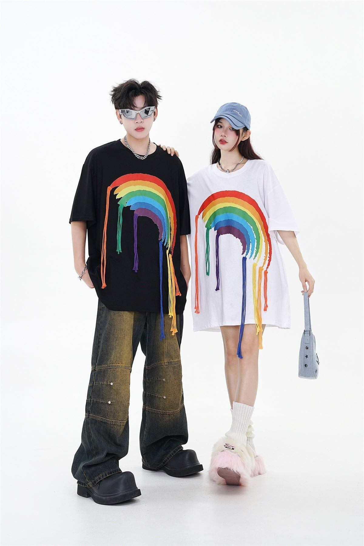 好感度UP 虹ロゴ タッセル ゆったり Tシャツ 全2色 ユニセックス半袖E-4863