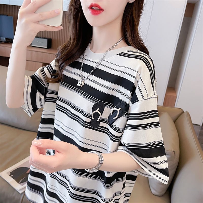 存在感抜群 ストライプ柄 トレンドアイテム カジュアル ゆったり 全2色 半袖TシャツE-9322