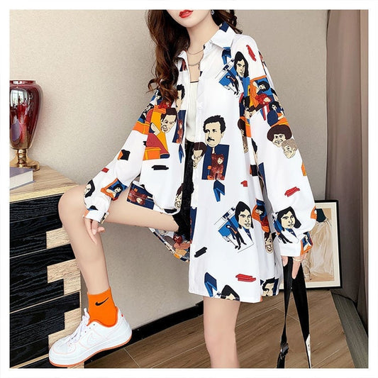 主役級の存在感！ 軽い生地が夏にぴったり スタイルアップ 総柄 シャツ E-9186