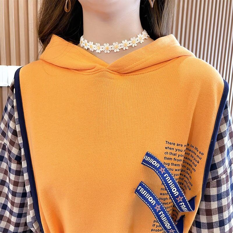 レイヤード風  チェック柄 ロングパーカ全3色トップスE-4803