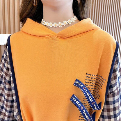 レイヤード風  チェック柄 ロングパーカ全3色トップスE-4803