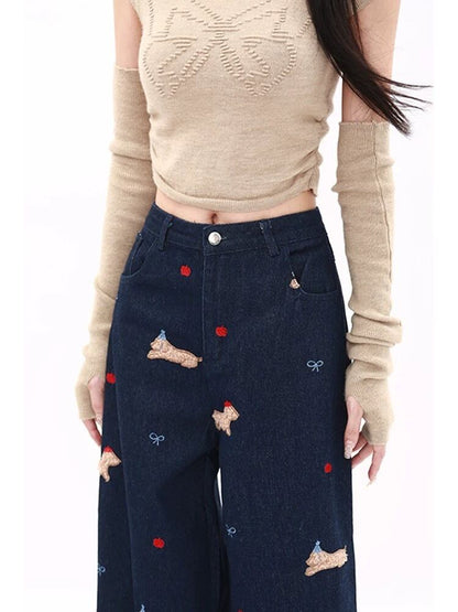 主役級の存在感！個性的なデザイン デニム 刺繍 ワイドパンツE-10604