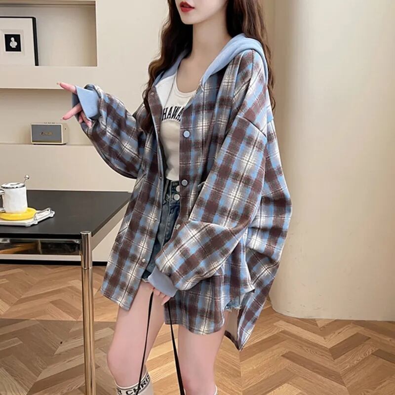 スタイルアップ効果抜群 チェック柄 カジュアル 2色選択 シャツ E-10724