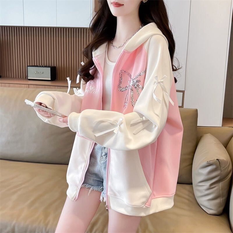 絶対流行 スウィート スタイルアップ スパンコール切り替え 2色選択 パーカー トレーナー レディース フード付き カーディガン E-9420