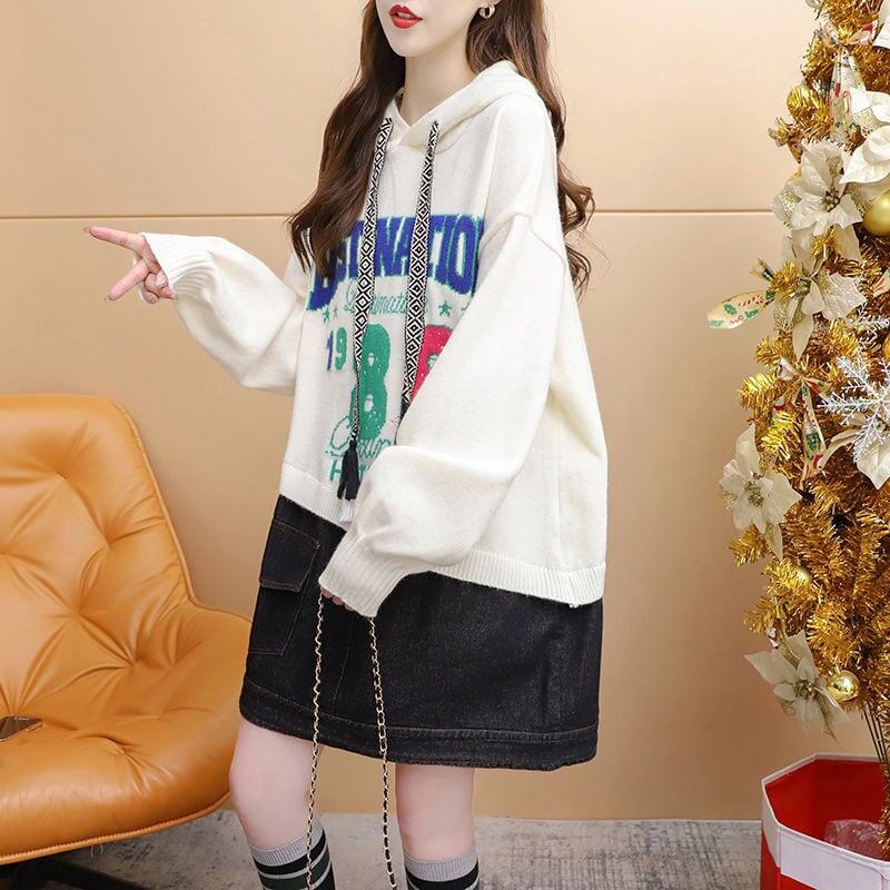 着?せアルファベットロゴ切り替えデニムゆったりロングニットパーカー全2色E-4392