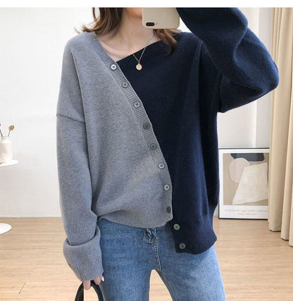 着回し力抜群 不規則 おしゃれ度高め イレギュラー 切り替え 2色選択 ニットトップスE-9462