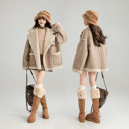 高級感溢れる 革ファッション厚い暖かいフェイクシャーリングジャケットコート ファッション感満々 E-9884