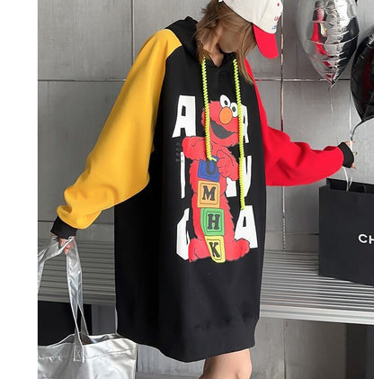 オーバーサイズ カラーマッチング アルファベットプリント フード付き ロングパーカE-4085