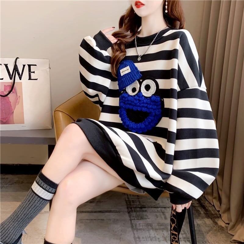 韓国系ストライプ柄  ぬいぐるみオーバーサイズ スウェットE-4105